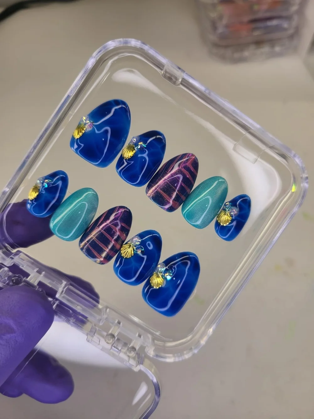 Size-(M)-Sea Blue Theme Press-On Nails